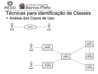 29/06/2023 Engenharia de software
orientada a objetos
114
Técnicas para identificação de Classes
 Análise dos Casos de Uso Objetos de fronteira,
controle e entidade são
usados na realização de
um caso de uso.
 