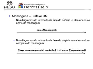 29/06/2023 Engenharia de software
orientada a objetos
126
 Mensagens – Sintaxe UML
 Nos diagramas de interação da fase de análise -> Usa apenas o
nome da mensagem
nomeMensagem()
 Nos diagramas de interação da fase de projeto usa a assinatura
completa da mensagem
[[expressao-sequencia] controle:] [v:=] nome [(argumentos)]
 