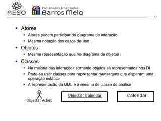 29/06/2023 Engenharia de software
orientada a objetos
129
 Atores
 Atores podem participar do diagrama de interação
 Mesma notação dos casos de uso
 Objetos
 Mesma representação que no diagrama de objetos
 Classes
 Na maioria das interações somente objetos sã representados nos DI
 Pode-se usar classes para representar mensagens que disparam uma
operação estática
 A representação da UML é a mesma de classe de análise
 