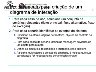 29/06/2023 Engenharia de software
orientada a objetos
139
Procedimento para criação de um
diagrama de interação
1. Para cada caso de uso, selecione um conjunto de
cenários relevantes (fluxo principal, fluxo alternativo, fluxo
de exceção)
2. Para cada cenário identifique os eventos do sistema
1. Posicione os atores, objetos de fronteira, objetos de controle no
diagrama
2. Para cada passo do cenário, defina as mensagem enviadas de
um objeto para o outro
3. Defina as clausulas de condição e interação, caso existam
4. Adicione multiobjetos e objetos de entidade, à medida que sua
participação for necessária no cenário selecionado
 