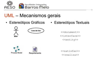 29/06/2023 Engenharia de software
orientada a objetos
14
UML – Mecanismos gerais
• Estereótipos Gráficos • Estereótipos Textuais
<<document>>
<<interface>>
<<entity>>
<<satisfaz>>
<<realiza>>
 