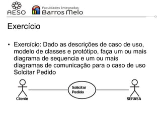 Exercício
• Exercício: Dado as descrições de caso de uso,
modelo de classes e protótipo, faça um ou mais
diagrama de sequencia e um ou mais
diagramas de comunicação para o caso de uso
Solcitar Pedido
 