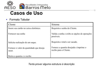 29/06/2023 Engenharia de software
orientada a objetos
28
 Formato Tabular
Tenta prover alguma estrutura à descrição
Cliente Sistema
Insere seu cartão no caixa eletrônico.
Fornecer sua senha
Solicita realização de um saque.
Fornece o valor da quantidade que deseja
sacar.
Retira a quantia e o recibo
Requisita a senha do Cliente.
Valida a senha e exibe as opções de operações
possíveis.
Requisita o total a ser sacado.
Fornece a quantia desejada e imprime o
recibo para o Cliente.
Casos de Uso
 