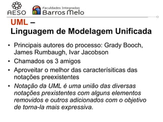 29/06/2023 Engenharia de software
orientada a objetos
5
UML –
Linguagem de Modelagem Unificada
• Principais autores do processo: Grady Booch,
James Rumbaugh, Ivar Jacobson
• Chamados os 3 amigos
• Aproveitar o melhor das caracterísiticas das
notações preexistentes
• Notação da UML é uma união das diversas
notações prexistentes com alguns elementos
removidos e outros adicionados com o objetivo
de torna-la mais expressiva.
 