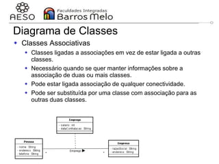 29/06/2023 Engenharia de software
orientada a objetos
89
 Classes Associativas
 Classes ligadas a associações em vez de estar ligada a outras
classes.
 Necessário quando se quer manter informações sobre a
associação de duas ou mais classes.
 Pode estar ligada associação de qualquer conectividade.
 Pode ser substituída por uma classe com associação para as
outras duas classes.
Diagrama de Classes
Uma pessoa trabalha
como empregado em
várias empresas.
Para cada relação
empregado empregador,
é possível saber o salário
e a data de contratação
 