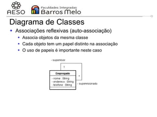 29/06/2023 Engenharia de software
orientada a objetos
90
 Associações reflexivas (auto-associação)
 Associa objetos da mesma classe
 Cada objeto tem um papel distinto na associação
 O uso de papeis é importante neste caso
Diagrama de Classes
 