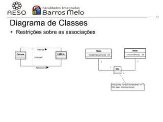 29/06/2023 Engenharia de software
orientada a objetos
91
 Restrições sobre as associações
Diagrama de Classes
Objetos da associação
administra são um
subconjunto dos objetos
da associação Reside
Usando OCL
 