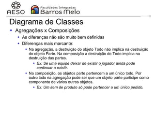 29/06/2023 Engenharia de software
orientada a objetos
95
 Agregações x Composições
 As diferenças não são muito bem definidas
 Diferenças mais marcante:
 Na agregação, a destruição do objeto Todo não implica na destruição
do objeto Parte. Na composição a destruição do Todo implica na
destruição das partes.
 Ex: Se uma equipe deixar de existir o jogador ainda pode
continuar a existir.
 Na composição, os objetos parte pertencem a um único todo. Por
outro lado na agregação pode ser que um objeto parte participe como
componente de vários outros objetos.
 Ex: Um item de produto só pode pertencer a um único pedido.
Diagrama de Classes
 