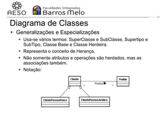 29/06/2023 Engenharia de software
orientada a objetos
96
 Generalizações e Especializações
 Usa-se vários termos: SuperClasse e SubClasse, Supertipo e
SubTipo, Classe Base e Classe Herdeira.
 Representa o conceito de Herança.
 Não somente atributos e operações são herdados, mas as
associações também.
 Notação:
Diagrama de Classes
 