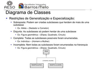 29/06/2023 Engenharia de software
orientada a objetos
99
 Restrições de Generalização e Especialização:
 Sobreposta: Podem ser criadas subclasses que herdem de mais de uma
subclasse
 Ex: Atleta – (Nadador e Corredor)
 Disjunta: As subclasses só podem herdar de uma subclasse
 Ex: Figura geométrica – (Elipse, Quadrado, Circulo)
 Completa: Todas as subclasses possíveis foram enumeradas.
 Ex: Indivíduo – (Homem e Mulher)
 Incompleta: Nem todas as subclasses foram enumeradas na hierarquia
 Ex: Figura geométrica – (Elipse, Quadrado, Circulo)
Diagrama de Classes
 