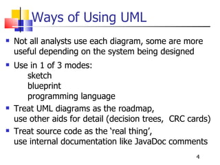 Ways of Using UML Not all analysts use each diagram, some are more useful depending on the system being designed Use in 1 of 3 modes:  sketch blueprint programming language Treat UML diagrams as the roadmap, use other aids for detail (decision trees,  CRC cards) Treat source code as the ‘real thing’, use internal documentation like JavaDoc comments 