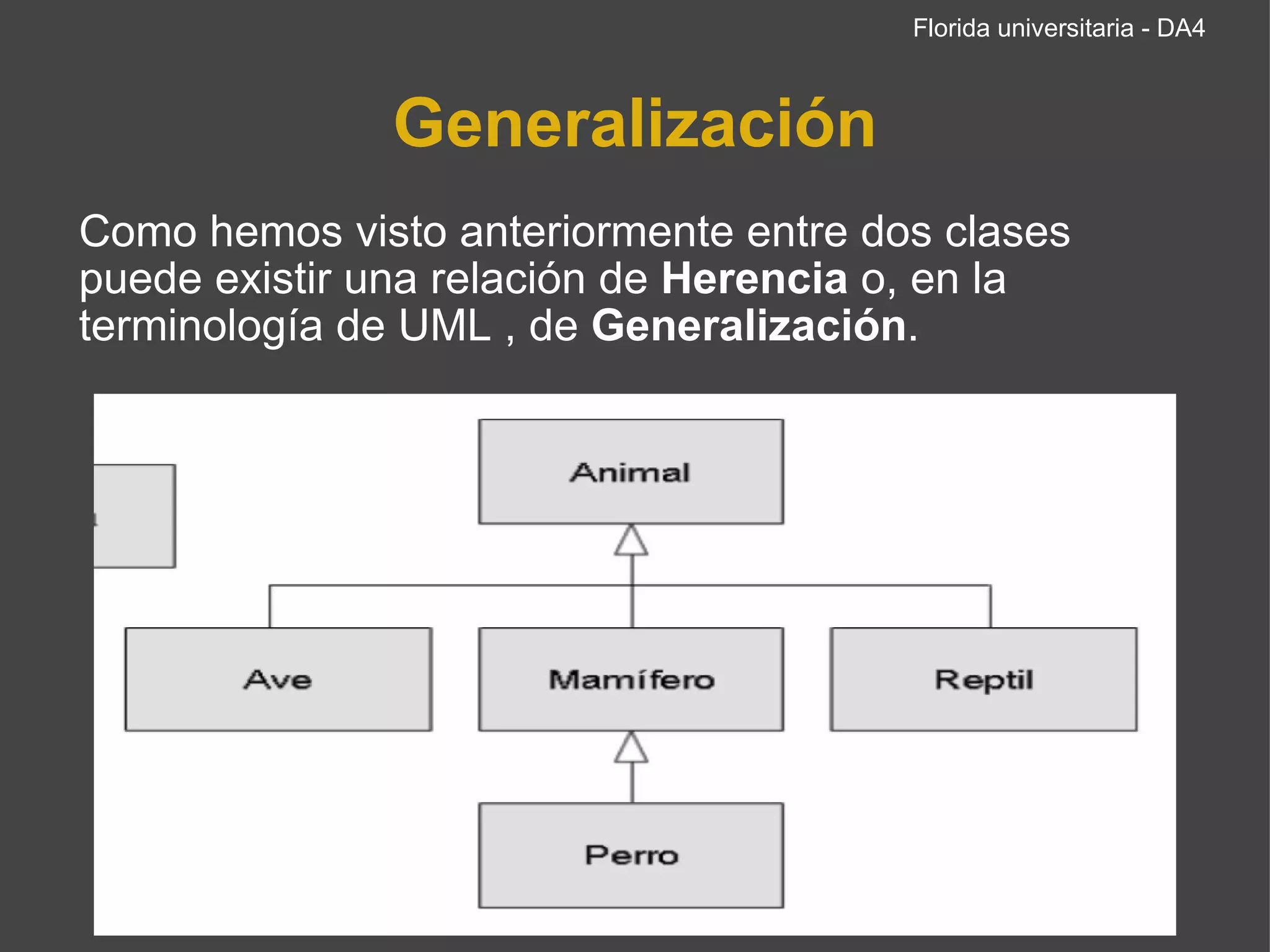 Generalización Como hemos visto anteriormente entre dos clases puede existir una relación de  Herencia  o, en la terminología de UML , de  Generalización .  Florida universitaria - DA4 