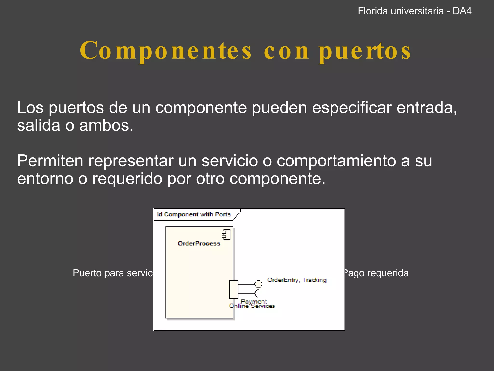 Componentes con puertos Los puertos de un componente pueden especificar entrada, salida o ambos.    Permiten representar un servicio o comportamiento a su entorno o requerido por otro componente.             Puerto para servicios con interface Tracking proporcionada y Pago requerida     Florida universitaria - DA4 