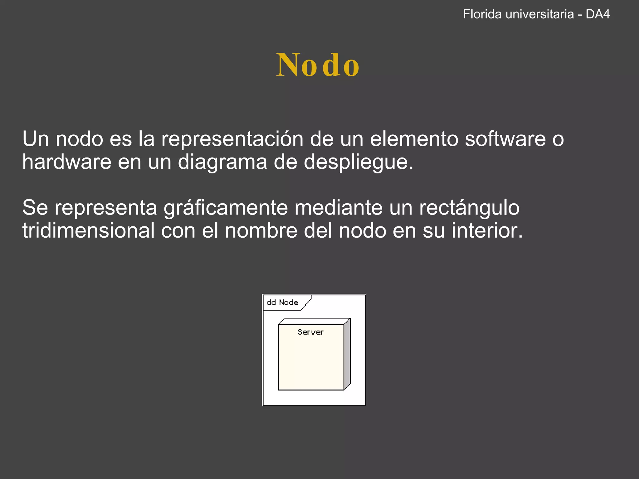 Nodo Un nodo es la representación de un elemento software o hardware en un diagrama de despliegue.   Se representa gráficamente mediante un rectángulo tridimensional con el nombre del nodo en su interior.             Nodo Server     Florida universitaria - DA4 