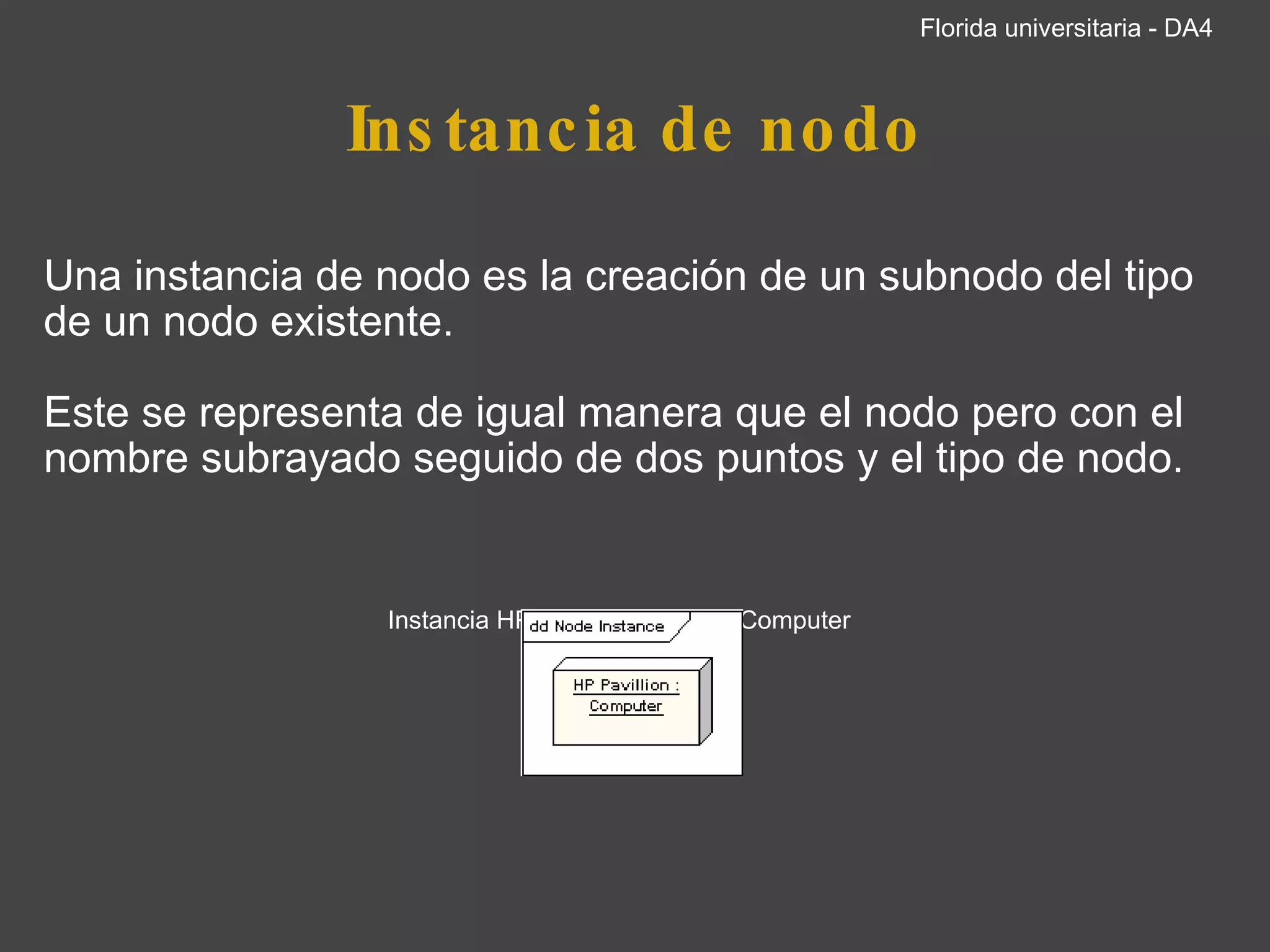 Instancia de nodo Una instancia de nodo es la creación de un subnodo del tipo de un nodo existente.   Este se representa de igual manera que el nodo pero con el nombre subrayado seguido de dos puntos y el tipo de nodo.       Instancia HP Pavilion del nodo Computer     Florida universitaria - DA4 