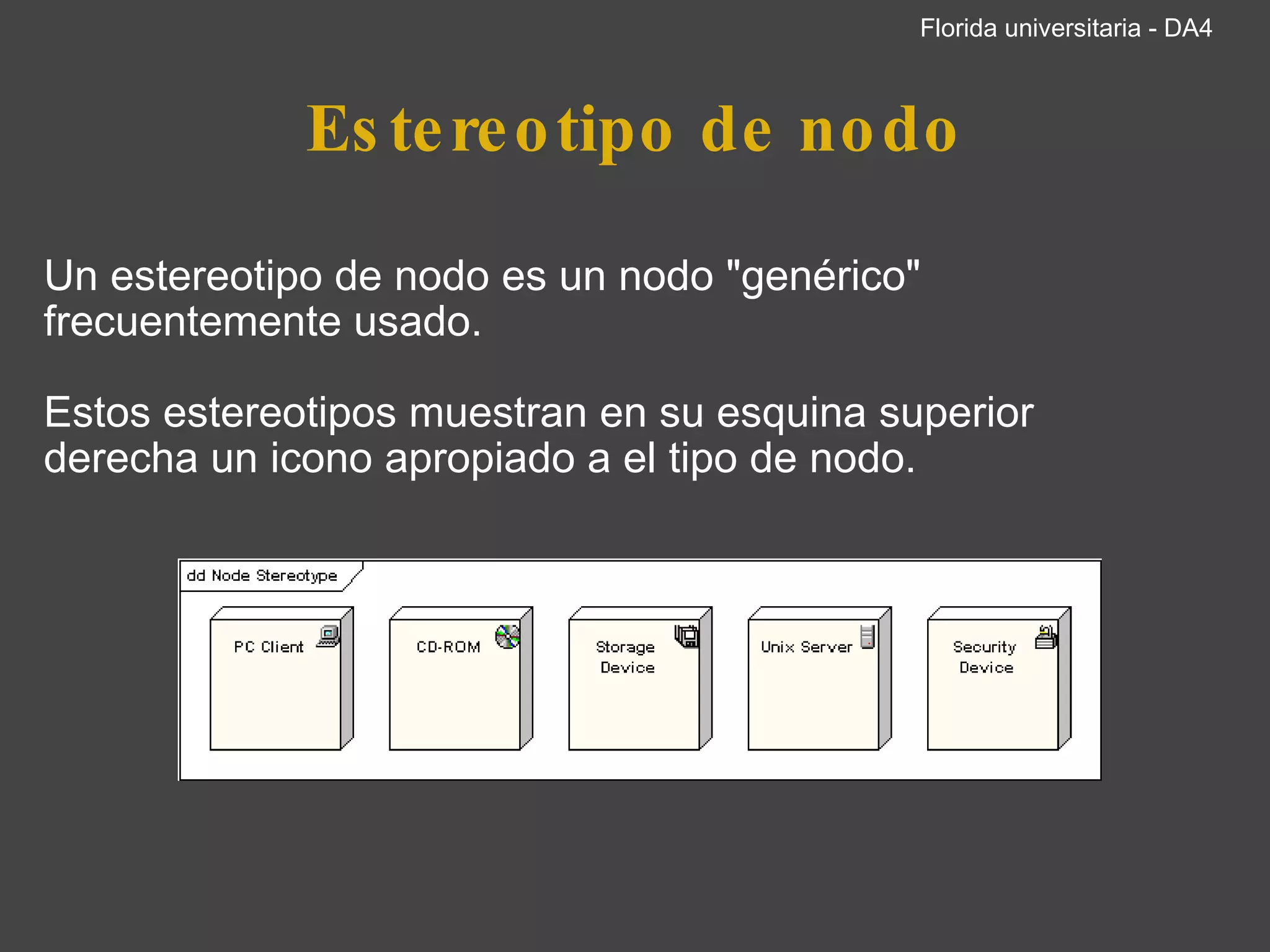 Estereotipo de nodo Un estereotipo de nodo es un nodo "genérico" frecuentemente usado.   Estos estereotipos muestran en su esquina superior derecha un icono apropiado a el tipo de nodo.            Diferentes estereotipos de nodo     Florida universitaria - DA4 