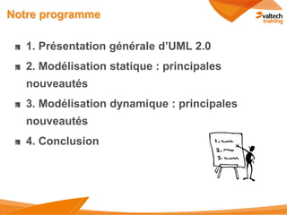 Notre programme

   1. Présentation générale d’UML 2.0
   2. Modélisation statique : principales
   nouveautés
   3. Modélisation dynamique : principales
   nouveautés
   4. Conclusion
 