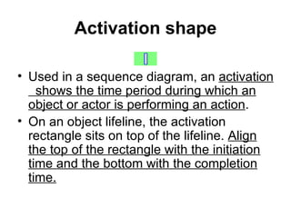 Activation shape Used in a sequence diagram, an  activation  shows the time period during which an object or actor is performing an action . On an object lifeline, the activation rectangle sits on top of the lifeline.  Align the top of the rectangle with the initiation time and the bottom with the completion time. 