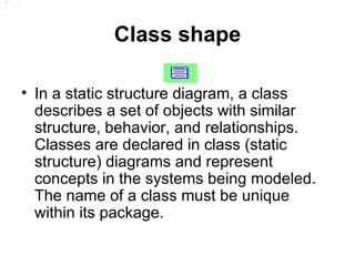 Class shape In a static structure diagram, a class  describes a set of objects with similar structure, behavior, and relationships. Classes are declared in class (static structure) diagrams and represent concepts in the systems being modeled. The name of a class must be unique within its package. 