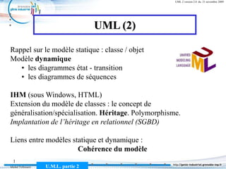 Michel Tollenaere U.M.L. partie 2
1
UML 2 version 2.0 du 21 novembre 2009
UML (2)
Rappel sur le modèle statique : classe / objet
Modèle dynamique
• les diagrammes état - transition
• les diagrammes de séquences
IHM (sous Windows, HTML)
Extension du modèle de classes : le concept de
généralisation/spécialisation. Héritage. Polymorphisme.
Implantation de l’héritage en relationnel (SGBD)
Liens entre modèles statique et dynamique :
Cohérence du modèle
 
