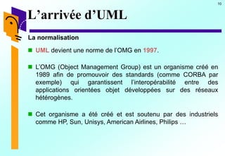 10
L’arrivée d’UML
La normalisation
 UML devient une norme de l’OMG en 1997.
 L’OMG (Object Management Group) est un organisme créé en
1989 afin de promouvoir des standards (comme CORBA par
exemple) qui garantissent l’interopérabilité entre des
applications orientées objet développées sur des réseaux
hétérogènes.
 Cet organisme a été créé et est soutenu par des industriels
comme HP, Sun, Unisys, American Airlines, Philips …
 