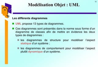 12
Les différents diagrammes
 UML propose 13 types de diagrammes.
 Ces diagrammes sont présentés dans la norme sous forme d’un
diagramme de classes afin de mettre en évidence les deux
types de diagrammes :
 les diagrammes de structure pour modéliser l’aspect
statique d’un système ;
 les diagrammes de comportement pour modéliser l’aspect
plutôt dynamique d’un système.
Modélisation Objet : UML
 