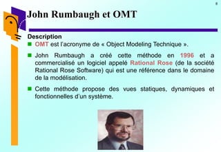 8
John Rumbaugh et OMT
Description
 OMT est l’acronyme de « Object Modeling Technique ».
 John Rumbaugh a créé cette méthode en 1996 et a
commercialisé un logiciel appelé Rational Rose (de la société
Rational Rose Software) qui est une référence dans le domaine
de la modélisation.
 Cette méthode propose des vues statiques, dynamiques et
fonctionnelles d’un système.
 