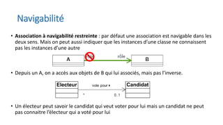 Navigabilité
• Association à navigabilité restreinte : par défaut une association est navigable dans les
deux sens. Mais on peut aussi indiquer que les instances d’une classe ne connaissent
pas les instances d’une autre
• Depuis un A, on a accès aux objets de B qui lui associés, mais pas l’inverse.
• Un électeur peut savoir le candidat qui veut voter pour lui mais un candidat ne peut
pas connaitre l’électeur qui a voté pour lui
 