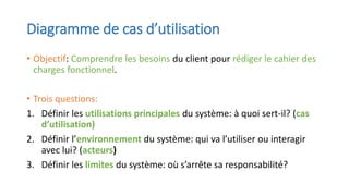 Diagramme de cas d’utilisation
• Objectif: Comprendre les besoins du client pour rédiger le cahier des
charges fonctionnel.
• Trois questions:
1. Définir les utilisations principales du système: à quoi sert-il? (cas
d’utilisation)
2. Définir l’environnement du système: qui va l’utiliser ou interagir
avec lui? (acteurs)
3. Définir les limites du système: où s’arrête sa responsabilité?
 