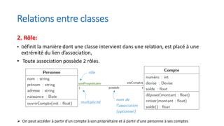Relations entre classes
2. Rôle:
• Définit la manière dont une classe intervient dans une relation, est placé à une
extrémité du lien d’association,
• Toute association possède 2 rôles.
➢ On peut accéder à partir d'un compte à son propriétaire et à partir d'une personne à ses comptes
 