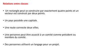 Relations entre classes
• Un rectangle peut se construire par exactement quatre points et un
vecteur est construit par deux points.
• Un pays possède une capitale.
• Une route connecte deux villes.
• Une personne peut être associé à un comité comme président ou
membre du comité.
• Des personnes utilisent un langage pour un projet.
 
