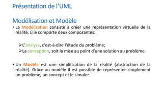 • La Modélisation consiste à créer une représentation virtuelle de la
réalité. Elle comporte deux composantes:
➢L'analyse, c'est-à-dire l'étude du problème;
➢La conception, soit la mise au point d'une solution au problème.
• Un Modèle est une simplification de la réalité (abstraction de la
réalité). Grâce au modèle il est possible de représenter simplement
un problème, un concept et le simuler.
Présentation de l’UML
Modélisation et Modèle
 