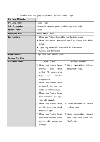  Membuat Use Case Specification untuk Use Case “Menilai Tugas”
Use Case ID Number 9
Use Case Name Menilai Tugas
Brief Description Use case ini mengatur proses penilaian tugas mata kuliah.
Primary Actor Dosen
Secondary Actor Asisten Dosen (Asdos)
Pre-Condition  Dosen atau Asisten Dosen telah login ke dalam sistem.
 Dosen atau Asisten Dosen telah enroll ke halaman mata kuliah
terkait.
 Tugas yang akan dinilai telah masuk ke dalam sistem.
 Koneksi tidak bermasalah.
Post-Condition Tugas telah dinilai melalui sistem.
Included Use Case -
Basic Flow Events Actor’s Action System’s Response
1. Dosen atau Asisten Dosen
memilih menu untuk
melihat file pengumpulan
tugas (view submitted
assignments).
3. Dosen atau Asisten Dosen
mengunduh file tugas dari
dalam slot submission file.
4. Dosen atau Asisten Dosen
telah memeriksa file tugas
yang telah diunduh.
5. Dosen atau Asisten Dosen
memilih menu grade, untuk
menilai file tugas.
7. Dosen atau Asisten Dosen
telah mengkonfirmasi dalam
memberi nilai (grade), dari
file tugas.
2. Sistem menampilkan halaman
pengumpulan tugas.
6. Sistem menampilkan halaman
penilaian tugas.
8. Sistem menampilkan informasi
tugas yang telah diberi nilai
(final grade).
 