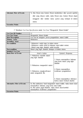 Alternate Flow of Events 7a. Jika Dosen atau Asisten Dosen memberikan nilai (grade) apabila
nilai yang diinput salah, maka Dosen atau Asisten Dosen dapat
mengganti nilai melalui menu update yang terdapat di dalam
sistem.
Extention Points -
 Membuat Use Case Specification untuk Use Case “Mengunduh Materi Kuliah”
Use Case ID Number 11
Use Case Name Mengunduh Materi Kuliah
Brief Description Use case ini mengatur proses pengunduhan materi kuliah
Primary Actor Mahasiswa
Secondary Actor -
Pre-condition - Mahasiswa sudah login ke dalam sistem.
- Mahasiswa sudah enroll ke halaman mata kuliah terkait.
- Materi yang ingin diundah sudah tersedia.
Post-condition Materi yang ingin diunduh disimpan di dalam sistem.
Included Use Case -
Basic Flow of Events Actor’s Action System’s Response
1. Mahasiswa memilih materi
yang ingin diunduh
3. Mahasiswa mengunduh materi
5. Mahasiswa mengkonfirmasi
untuk mengunduh file.
2. Sistem menampilkan halaman
yang berisi materi yang ingin
diunduh
4. Sistem menampilkan
konfirmasi pengunduhan
6. Sistem menampilkan informasi
bahwa materi berhasil diunfuh
Alternative Flow of Events 5a. Jika mahasiswa batal mengunduh materi kuliah, maka sistem akan
menampilkan halaman yang berisi mata kuliah
6a. Jika materi gagal diunduh, maka sistem akan kembali
menampilkan konfirmasi pengunduhan
Extension Points -
 