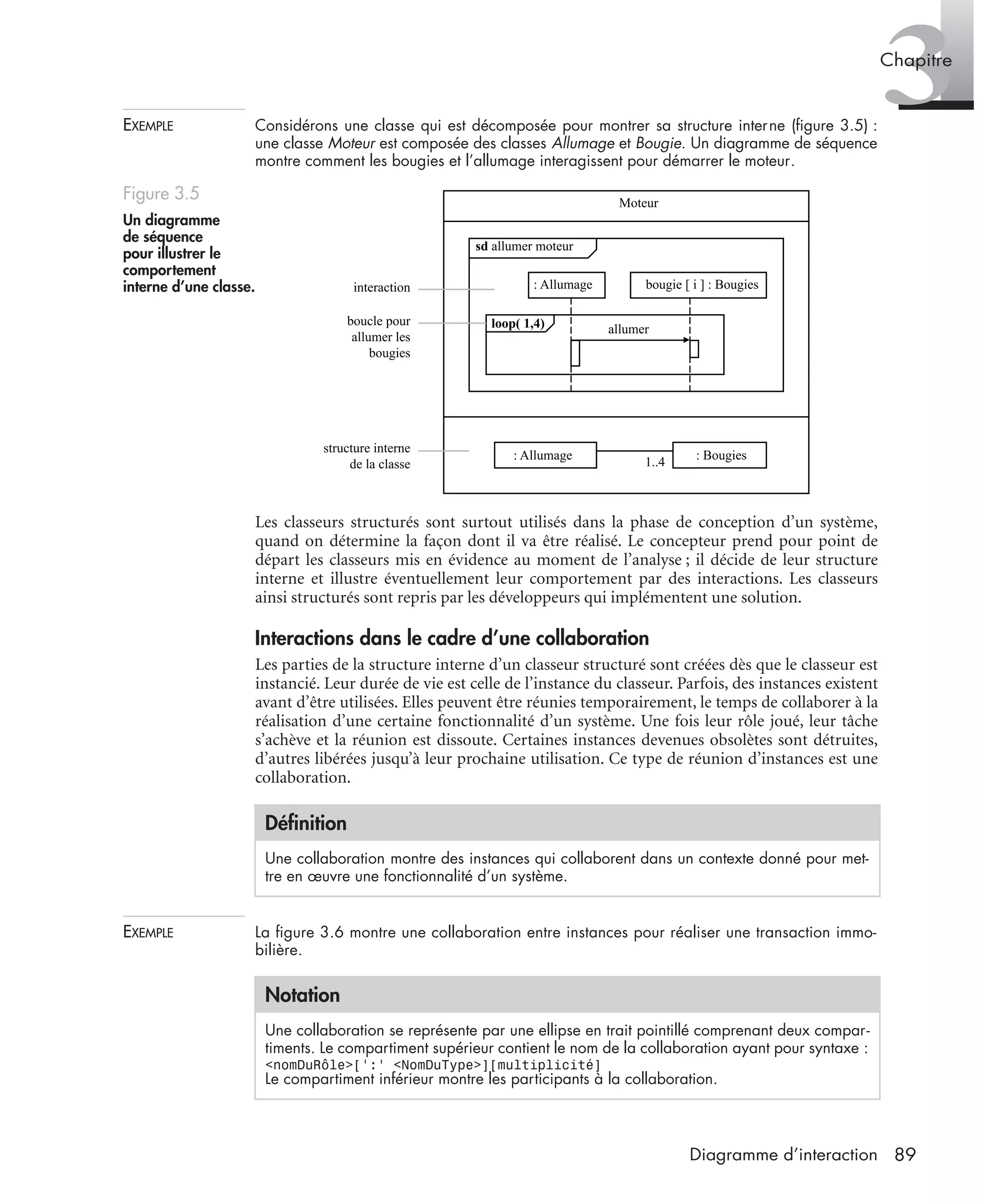 3Chapitre
89Diagramme d’interaction
EXEMPLE Considérons une classe qui est décomposée pour montrer sa structure interne (ﬁgure 3.5) :
une classe Moteur est composée des classes Allumage et Bougie. Un diagramme de séquence
montre comment les bougies et l’allumage interagissent pour démarrer le moteur.
Les classeurs structurés sont surtout utilisés dans la phase de conception d’un système,
quand on détermine la façon dont il va être réalisé. Le concepteur prend pour point de
départ les classeurs mis en évidence au moment de l’analyse ; il décide de leur structure
interne et illustre éventuellement leur comportement par des interactions. Les classeurs
ainsi structurés sont repris par les développeurs qui implémentent une solution.
Interactions dans le cadre d’une collaboration
Les parties de la structure interne d’un classeur structuré sont créées dès que le classeur est
instancié. Leur durée de vie est celle de l’instance du classeur. Parfois, des instances existent
avant d’être utilisées. Elles peuvent être réunies temporairement, le temps de collaborer à la
réalisation d’une certaine fonctionnalité d’un système. Une fois leur rôle joué, leur tâche
s’achève et la réunion est dissoute. Certaines instances devenues obsolètes sont détruites,
d’autres libérées jusqu’à leur prochaine utilisation. Ce type de réunion d’instances est une
collaboration.
EXEMPLE La ﬁgure 3.6 montre une collaboration entre instances pour réaliser une transaction immo-
bilière.
Figure 3.5
Un diagramme
de séquence
pour illustrer le
comportement
interne d’une classe.
Déﬁnition
Une collaboration montre des instances qui collaborent dans un contexte donné pour met-
tre en œuvre une fonctionnalité d’un système.
Notation
Une collaboration se représente par une ellipse en trait pointillé comprenant deux compar-
timents. Le compartiment supérieur contient le nom de la collaboration ayant pour syntaxe :
<nomDuRôle>[’:’ <NomDuType>][multiplicité]
Le compartiment inférieur montre les participants à la collaboration.
Moteur
sd allumer moteur
: Allumage bougie [ i ] : Bougies
loop( 1,4) allumer
boucle pour
allumer les
bougies
structure interne
de la classe
interaction
: Allumage : Bougies
1..4
UML2 Livre Page 89 Vendredi, 14. d cembre 2007 7:24 07
 