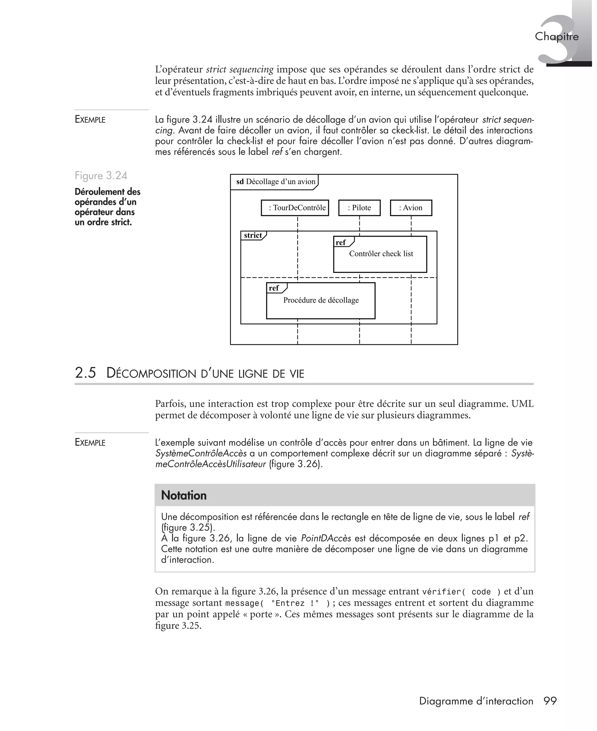 3Chapitre
99Diagramme d’interaction
L’opérateur strict sequencing impose que ses opérandes se déroulent dans l’ordre strict de
leur présentation, c’est-à-dire de haut en bas. L’ordre imposé ne s’applique qu’à ses opérandes,
et d’éventuels fragments imbriqués peuvent avoir, en interne, un séquencement quelconque.
EXEMPLE La ﬁgure 3.24 illustre un scénario de décollage d’un avion qui utilise l’opérateur strict sequen-
cing. Avant de faire décoller un avion, il faut contrôler sa ckeck-list. Le détail des interactions
pour contrôler la check-list et pour faire décoller l’avion n’est pas donné. D’autres diagram-
mes référencés sous le label ref s’en chargent.
2.5 DÉCOMPOSITION D’UNE LIGNE DE VIE
Parfois, une interaction est trop complexe pour être décrite sur un seul diagramme. UML
permet de décomposer à volonté une ligne de vie sur plusieurs diagrammes.
EXEMPLE L’exemple suivant modélise un contrôle d’accès pour entrer dans un bâtiment. La ligne de vie
SystèmeContrôleAccès a un comportement complexe décrit sur un diagramme séparé : Systè-
meContrôleAccèsUtilisateur (ﬁgure 3.26).
On remarque à la ﬁgure 3.26, la présence d’un message entrant vérifier( code ) et d’un
message sortant message( "Entrez !" ) ; ces messages entrent et sortent du diagramme
par un point appelé « porte ». Ces mêmes messages sont présents sur le diagramme de la
ﬁgure 3.25.
Figure 3.24
Déroulement des
opérandes d’un
opérateur dans
un ordre strict.
Notation
Une décomposition est référencée dans le rectangle en tête de ligne de vie, sous le label ref
(ﬁgure 3.25).
À la ﬁgure 3.26, la ligne de vie PointDAccès est décomposée en deux lignes p1 et p2.
Cette notation est une autre manière de décomposer une ligne de vie dans un diagramme
d’interaction.
strict
ref
ref
sd Décollage d’un avion
Contrôler check list
: Avion: Pilote: TourDeContrôle
Procédure de décollage
UML2 Livre Page 99 Vendredi, 14. d cembre 2007 7:24 07
 