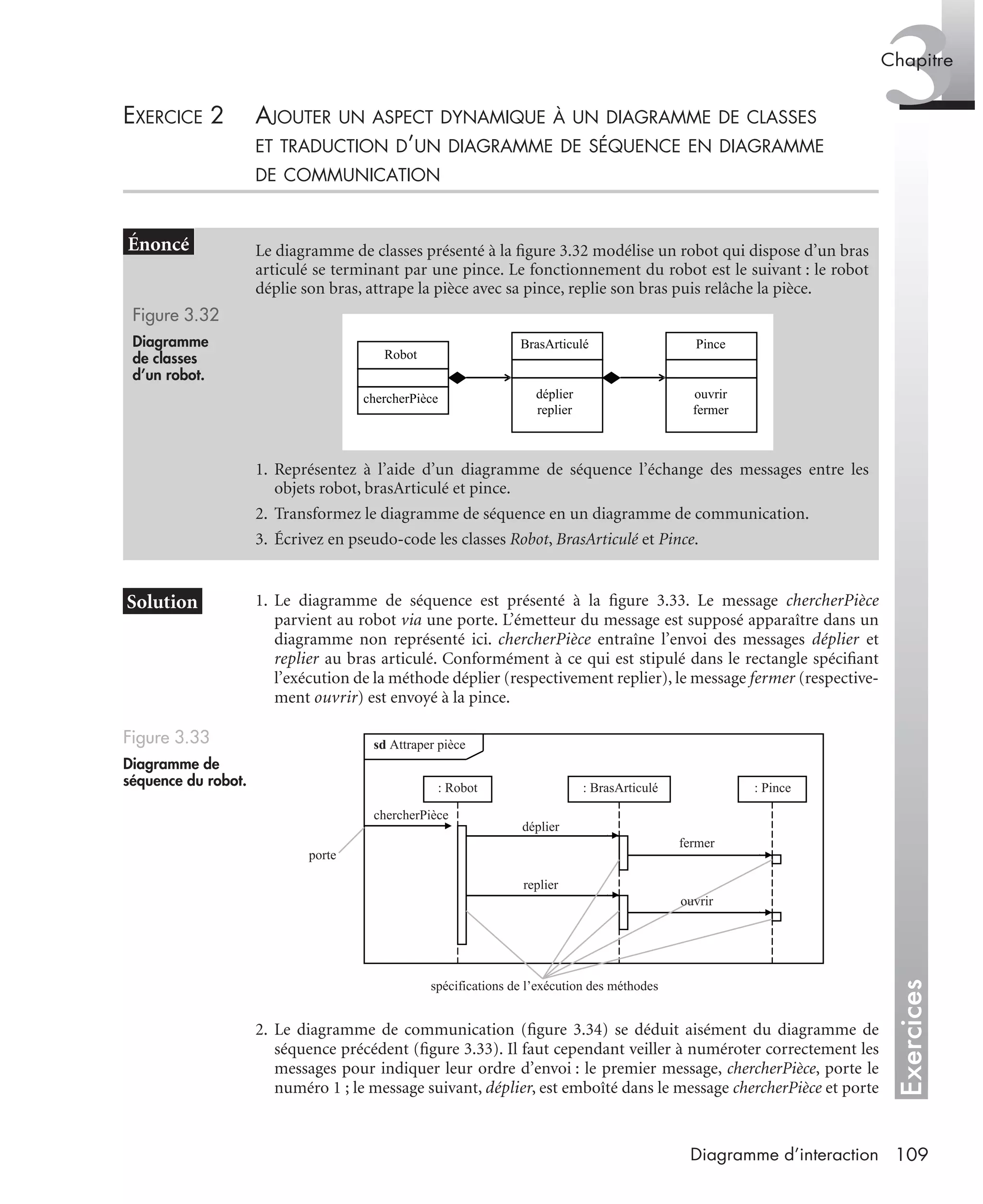 Exercices
3Chapitre
109Diagramme d’interaction
EXERCICE 2 AJOUTER UN ASPECT DYNAMIQUE À UN DIAGRAMME DE CLASSES
ET TRADUCTION D’UN DIAGRAMME DE SÉQUENCE EN DIAGRAMME
DE COMMUNICATION
1. Le diagramme de séquence est présenté à la ﬁgure 3.33. Le message chercherPièce
parvient au robot via une porte. L’émetteur du message est supposé apparaître dans un
diagramme non représenté ici. chercherPièce entraîne l’envoi des messages déplier et
replier au bras articulé. Conformément à ce qui est stipulé dans le rectangle spéciﬁant
l’exécution de la méthode déplier (respectivement replier), le message fermer (respective-
ment ouvrir) est envoyé à la pince.
2. Le diagramme de communication (ﬁgure 3.34) se déduit aisément du diagramme de
séquence précédent (ﬁgure 3.33). Il faut cependant veiller à numéroter correctement les
messages pour indiquer leur ordre d’envoi : le premier message, chercherPièce, porte le
numéro 1 ; le message suivant, déplier, est emboîté dans le message chercherPièce et porte
Le diagramme de classes présenté à la ﬁgure 3.32 modélise un robot qui dispose d’un bras
articulé se terminant par une pince. Le fonctionnement du robot est le suivant : le robot
déplie son bras, attrape la pièce avec sa pince, replie son bras puis relâche la pièce.
Figure 3.32
Diagramme
de classes
d’un robot.
1. Représentez à l’aide d’un diagramme de séquence l’échange des messages entre les
objets robot, brasArticulé et pince.
2. Transformez le diagramme de séquence en un diagramme de communication.
3. Écrivez en pseudo-code les classes Robot, BrasArticulé et Pince.
Figure 3.33
Diagramme de
séquence du robot.
Robot
chercherPièce
BrasArticulé
déplier
replier
Pince
ouvrir
fermer
chercherPièce
sd Attraper pièce
: Robot : BrasArticulé : Pince
déplier
fermer
replier
ouvrir
porte
spécifications de l’exécution des méthodes
UML2 Livre Page 109 Vendredi, 14. d cembre 2007 7:24 07
 