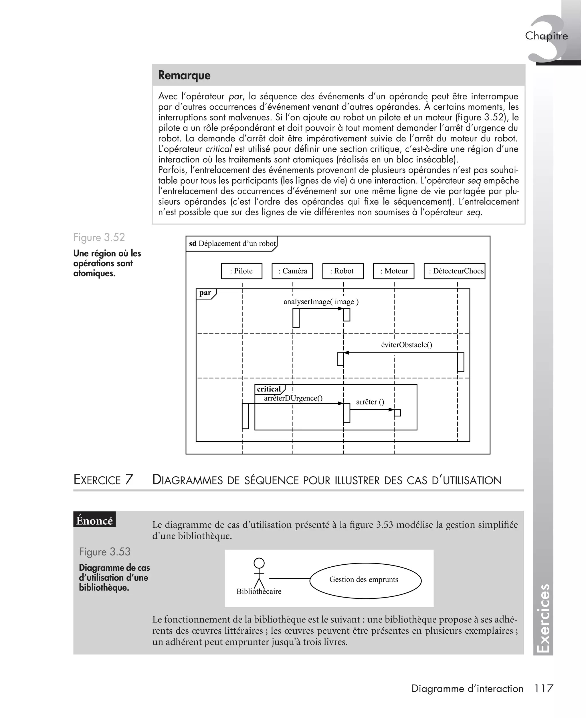 Exercices
3Chapitre
117Diagramme d’interaction
EXERCICE 7 DIAGRAMMES DE SÉQUENCE POUR ILLUSTRER DES CAS D’UTILISATION
Remarque
Avec l’opérateur par, la séquence des événements d’un opérande peut être interrompue
par d’autres occurrences d’événement venant d’autres opérandes. À certains moments, les
interruptions sont malvenues. Si l’on ajoute au robot un pilote et un moteur (ﬁgure 3.52), le
pilote a un rôle prépondérant et doit pouvoir à tout moment demander l’arrêt d’urgence du
robot. La demande d’arrêt doit être impérativement suivie de l’arrêt du moteur du robot.
L’opérateur critical est utilisé pour déﬁnir une section critique, c’est-à-dire une région d’une
interaction où les traitements sont atomiques (réalisés en un bloc insécable).
Parfois, l’entrelacement des événements provenant de plusieurs opérandes n’est pas souhai-
table pour tous les participants (les lignes de vie) à une interaction. L’opérateur seq empêche
l’entrelacement des occurrences d’événement sur une même ligne de vie partagée par plu-
sieurs opérandes (c’est l’ordre des opérandes qui ﬁxe le séquencement). L’entrelacement
n’est possible que sur des lignes de vie différentes non soumises à l’opérateur seq.
Figure 3.52
Une région où les
opérations sont
atomiques.
Le diagramme de cas d’utilisation présenté à la ﬁgure 3.53 modélise la gestion simpliﬁée
d’une bibliothèque.
Figure 3.53
Diagramme de cas
d’utilisation d’une
bibliothèque.
Le fonctionnement de la bibliothèque est le suivant : une bibliothèque propose à ses adhé-
rents des œuvres littéraires ; les œuvres peuvent être présentes en plusieurs exemplaires ;
un adhérent peut emprunter jusqu’à trois livres.
: Pilote : Caméra : Robot : Moteur : DétecteurChocs
sd Déplacement d’un robot
par
éviterObstacle()
analyserImage( image )
critical
arrêter ()arrêterDUrgence()
Bibliothécaire
Gestion des emprunts
UML2 Livre Page 117 Vendredi, 14. d cembre 2007 7:24 07
 