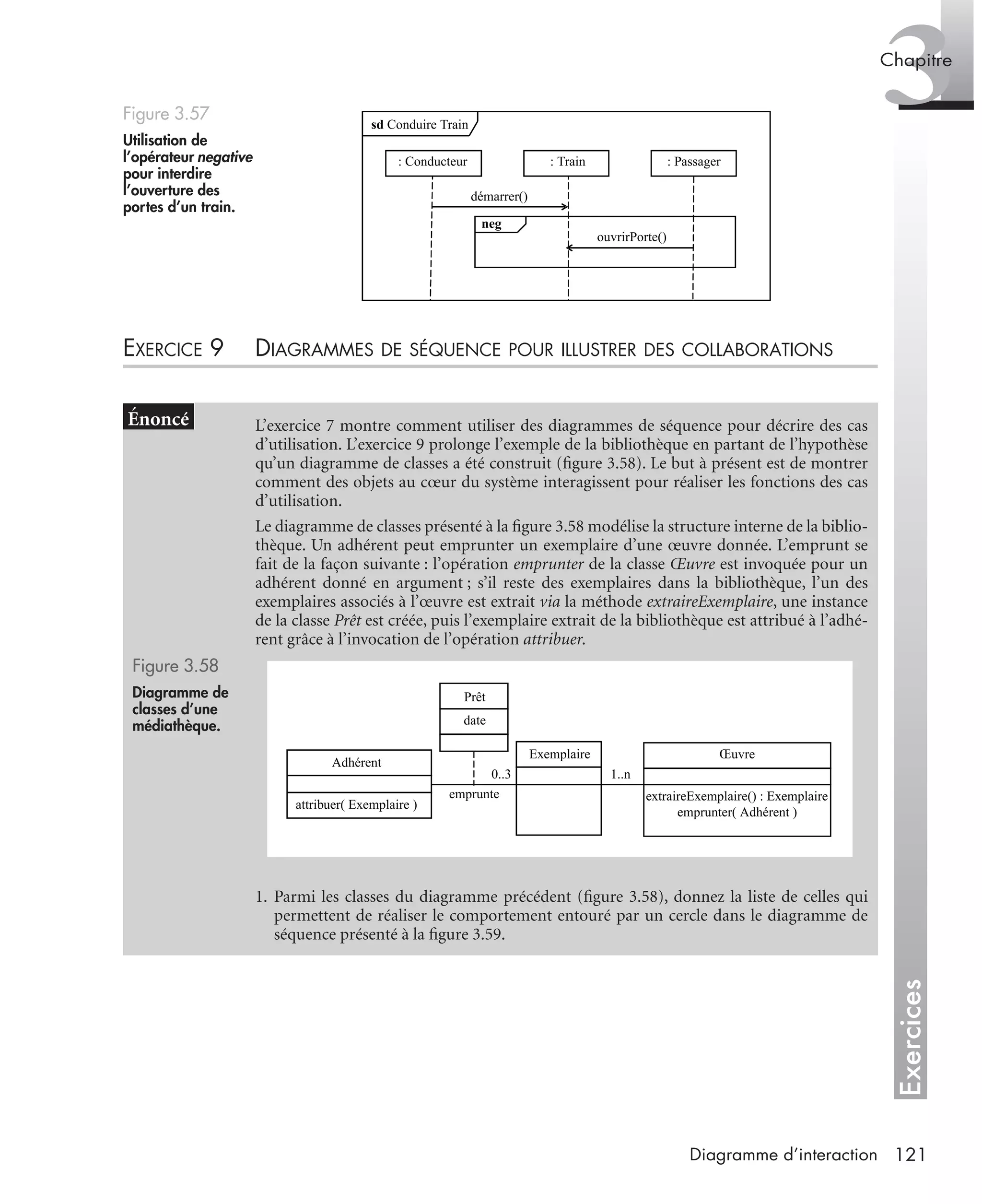 Exercices
3Chapitre
121Diagramme d’interaction
EXERCICE 9 DIAGRAMMES DE SÉQUENCE POUR ILLUSTRER DES COLLABORATIONS
Figure 3.57
Utilisation de
l’opérateur negative
pour interdire
l’ouverture des
portes d’un train.
L’exercice 7 montre comment utiliser des diagrammes de séquence pour décrire des cas
d’utilisation. L’exercice 9 prolonge l’exemple de la bibliothèque en partant de l’hypothèse
qu’un diagramme de classes a été construit (ﬁgure 3.58). Le but à présent est de montrer
comment des objets au cœur du système interagissent pour réaliser les fonctions des cas
d’utilisation.
Le diagramme de classes présenté à la ﬁgure 3.58 modélise la structure interne de la biblio-
thèque. Un adhérent peut emprunter un exemplaire d’une œuvre donnée. L’emprunt se
fait de la façon suivante : l’opération emprunter de la classe Œuvre est invoquée pour un
adhérent donné en argument ; s’il reste des exemplaires dans la bibliothèque, l’un des
exemplaires associés à l’œuvre est extrait via la méthode extraireExemplaire, une instance
de la classe Prêt est créée, puis l’exemplaire extrait de la bibliothèque est attribué à l’adhé-
rent grâce à l’invocation de l’opération attribuer.
Figure 3.58
Diagramme de
classes d’une
médiathèque.
1. Parmi les classes du diagramme précédent (ﬁgure 3.58), donnez la liste de celles qui
permettent de réaliser le comportement entouré par un cercle dans le diagramme de
séquence présenté à la ﬁgure 3.59.
sd Conduire Train
démarrer()
ouvrirPorte()
: Train: Conducteur : Passager
neg
Adhérent
attribuer( Exemplaire )
emprunte
Exemplaire Œuvre
extraireExemplaire() : Exemplaire
emprunter( Adhérent )
Prêt
date
1..n0..3
UML2 Livre Page 121 Vendredi, 14. d cembre 2007 7:24 07
 