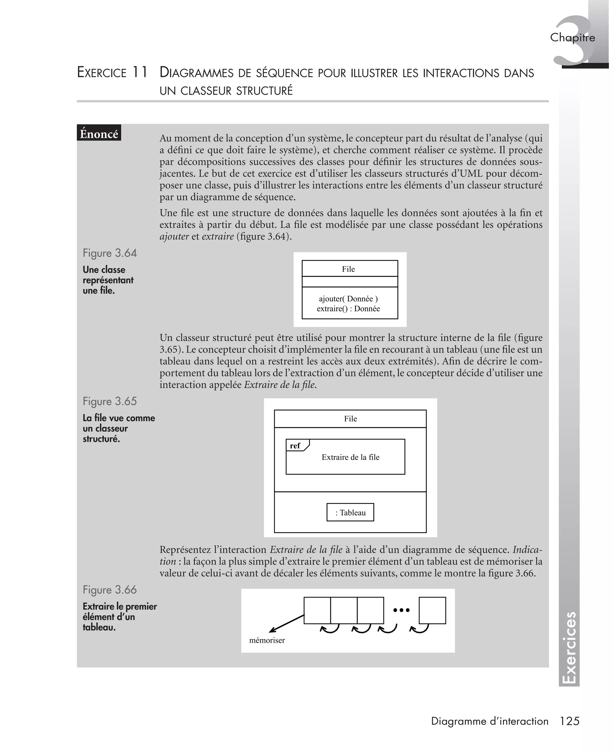 Exercices
3Chapitre
125Diagramme d’interaction
EXERCICE 11 DIAGRAMMES DE SÉQUENCE POUR ILLUSTRER LES INTERACTIONS DANS
UN CLASSEUR STRUCTURÉ
Au moment de la conception d’un système, le concepteur part du résultat de l’analyse (qui
a déﬁni ce que doit faire le système), et cherche comment réaliser ce système. Il procède
par décompositions successives des classes pour déﬁnir les structures de données sous-
jacentes. Le but de cet exercice est d’utiliser les classeurs structurés d’UML pour décom-
poser une classe, puis d’illustrer les interactions entre les éléments d’un classeur structuré
par un diagramme de séquence.
Une ﬁle est une structure de données dans laquelle les données sont ajoutées à la ﬁn et
extraites à partir du début. La ﬁle est modélisée par une classe possédant les opérations
ajouter et extraire (ﬁgure 3.64).
Figure 3.64
Une classe
représentant
une ﬁle.
Un classeur structuré peut être utilisé pour montrer la structure interne de la ﬁle (ﬁgure
3.65). Le concepteur choisit d’implémenter la ﬁle en recourant à un tableau (une ﬁle est un
tableau dans lequel on a restreint les accès aux deux extrémités). Aﬁn de décrire le com-
portement du tableau lors de l’extraction d’un élément, le concepteur décide d’utiliser une
interaction appelée Extraire de la ﬁle.
Figure 3.65
La ﬁle vue comme
un classeur
structuré.
Représentez l’interaction Extraire de la ﬁle à l’aide d’un diagramme de séquence. Indica-
tion : la façon la plus simple d’extraire le premier élément d’un tableau est de mémoriser la
valeur de celui-ci avant de décaler les éléments suivants, comme le montre la ﬁgure 3.66.
Figure 3.66
Extraire le premier
élément d’un
tableau.
File
ajouter( Donnée )
extraire() : Donnée
File
Extraire de la file
: Tableau
ref
mémoriser
UML2 Livre Page 125 Vendredi, 14. d cembre 2007 7:24 07
 