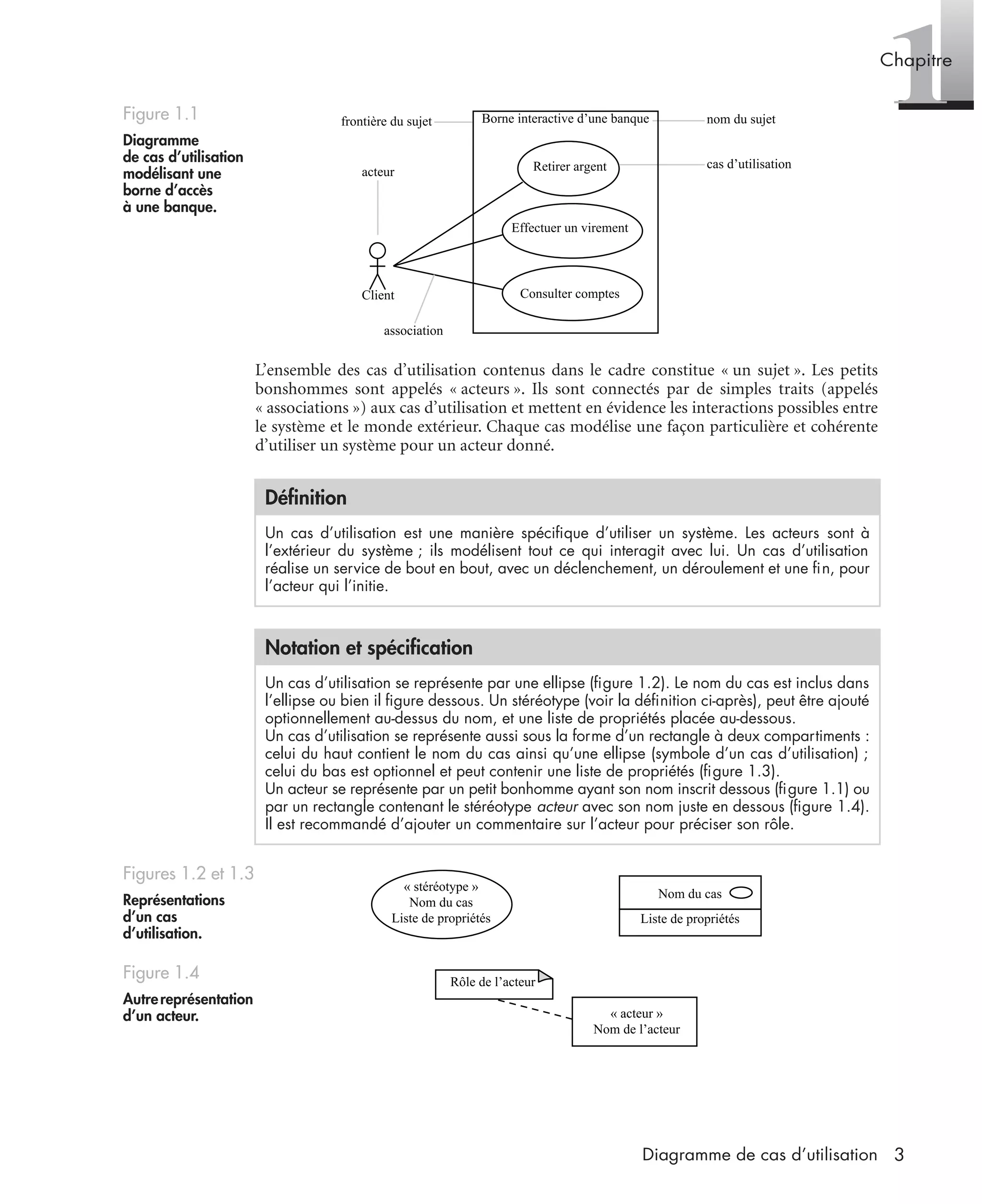 1Chapitre
3Diagramme de cas d’utilisation
L’ensemble des cas d’utilisation contenus dans le cadre constitue « un sujet ». Les petits
bonshommes sont appelés « acteurs ». Ils sont connectés par de simples traits (appelés
« associations ») aux cas d’utilisation et mettent en évidence les interactions possibles entre
le système et le monde extérieur. Chaque cas modélise une façon particulière et cohérente
d’utiliser un système pour un acteur donné.
Figure 1.1
Diagramme
de cas d’utilisation
modélisant une
borne d’accès
à une banque.
Déﬁnition
Un cas d’utilisation est une manière spéciﬁque d’utiliser un système. Les acteurs sont à
l’extérieur du système ; ils modélisent tout ce qui interagit avec lui. Un cas d’utilisation
réalise un service de bout en bout, avec un déclenchement, un déroulement et une ﬁn, pour
l’acteur qui l’initie.
Notation et spéciﬁcation
Un cas d’utilisation se représente par une ellipse (ﬁgure 1.2). Le nom du cas est inclus dans
l’ellipse ou bien il ﬁgure dessous. Un stéréotype (voir la déﬁnition ci-après), peut être ajouté
optionnellement au-dessus du nom, et une liste de propriétés placée au-dessous.
Un cas d’utilisation se représente aussi sous la forme d’un rectangle à deux compartiments :
celui du haut contient le nom du cas ainsi qu’une ellipse (symbole d’un cas d’utilisation) ;
celui du bas est optionnel et peut contenir une liste de propriétés (ﬁgure 1.3).
Un acteur se représente par un petit bonhomme ayant son nom inscrit dessous (ﬁgure 1.1) ou
par un rectangle contenant le stéréotype acteur avec son nom juste en dessous (ﬁgure 1.4).
Il est recommandé d’ajouter un commentaire sur l’acteur pour préciser son rôle.
Figures 1.2 et 1.3
Représentations
d’un cas
d’utilisation.
Figure 1.4
Autrereprésentation
d’un acteur.
frontière du sujet
acteur
Client
association
Borne interactive d’une banque
Retirer argent
Effectuer un virement
Consulter comptes
nom du sujet
cas d’utilisation
« stéréotype »
Nom du cas
Liste de propriétés
Nom du cas
Liste de propriétés
Rôle de l’acteur
« acteur »
Nom de l’acteur
UML2 Livre Page 3 Vendredi, 14. d cembre 2007 7:24 07
 