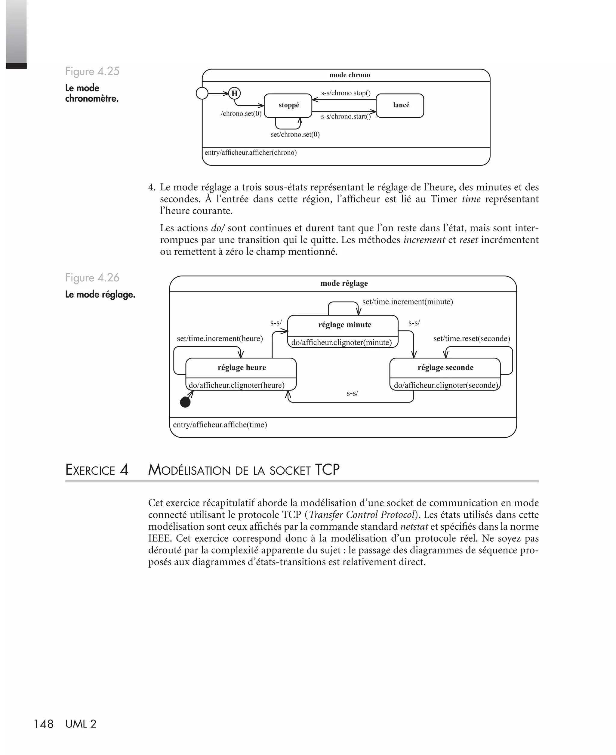 148 UML 2
4. Le mode réglage a trois sous-états représentant le réglage de l’heure, des minutes et des
secondes. À l’entrée dans cette région, l’afﬁcheur est lié au Timer time représentant
l’heure courante.
Les actions do/ sont continues et durent tant que l’on reste dans l’état, mais sont inter-
rompues par une transition qui le quitte. Les méthodes increment et reset incrémentent
ou remettent à zéro le champ mentionné.
EXERCICE 4 MODÉLISATION DE LA SOCKET TCP
Cet exercice récapitulatif aborde la modélisation d’une socket de communication en mode
connecté utilisant le protocole TCP (Transfer Control Protocol). Les états utilisés dans cette
modélisation sont ceux afﬁchés par la commande standard netstat et spéciﬁés dans la norme
IEEE. Cet exercice correspond donc à la modélisation d’un protocole réel. Ne soyez pas
dérouté par la complexité apparente du sujet : le passage des diagrammes de séquence pro-
posés aux diagrammes d’états-transitions est relativement direct.
Figure 4.25
Le mode
chronomètre.
Figure 4.26
Le mode réglage.
entry/afficheur.afficher(chrono)
mode chrono
stoppé lancé
/chrono.set(0) s-s/chrono.start()
s-s/chrono.stop()
set/chrono.set(0)
H
entry/afficheur.affiche(time)
mode réglage
do/afficheur.clignoter(heure)
réglage heure
do/afficheur.clignoter(minute)
réglage minute
do/afficheur.clignoter(seconde)
réglage seconde
s-s/ s-s/
s-s/
set/time.increment(minute)
set/time.reset(seconde)set/time.increment(heure)
UML2 Livre Page 148 Vendredi, 14. d cembre 2007 7:24 07
 