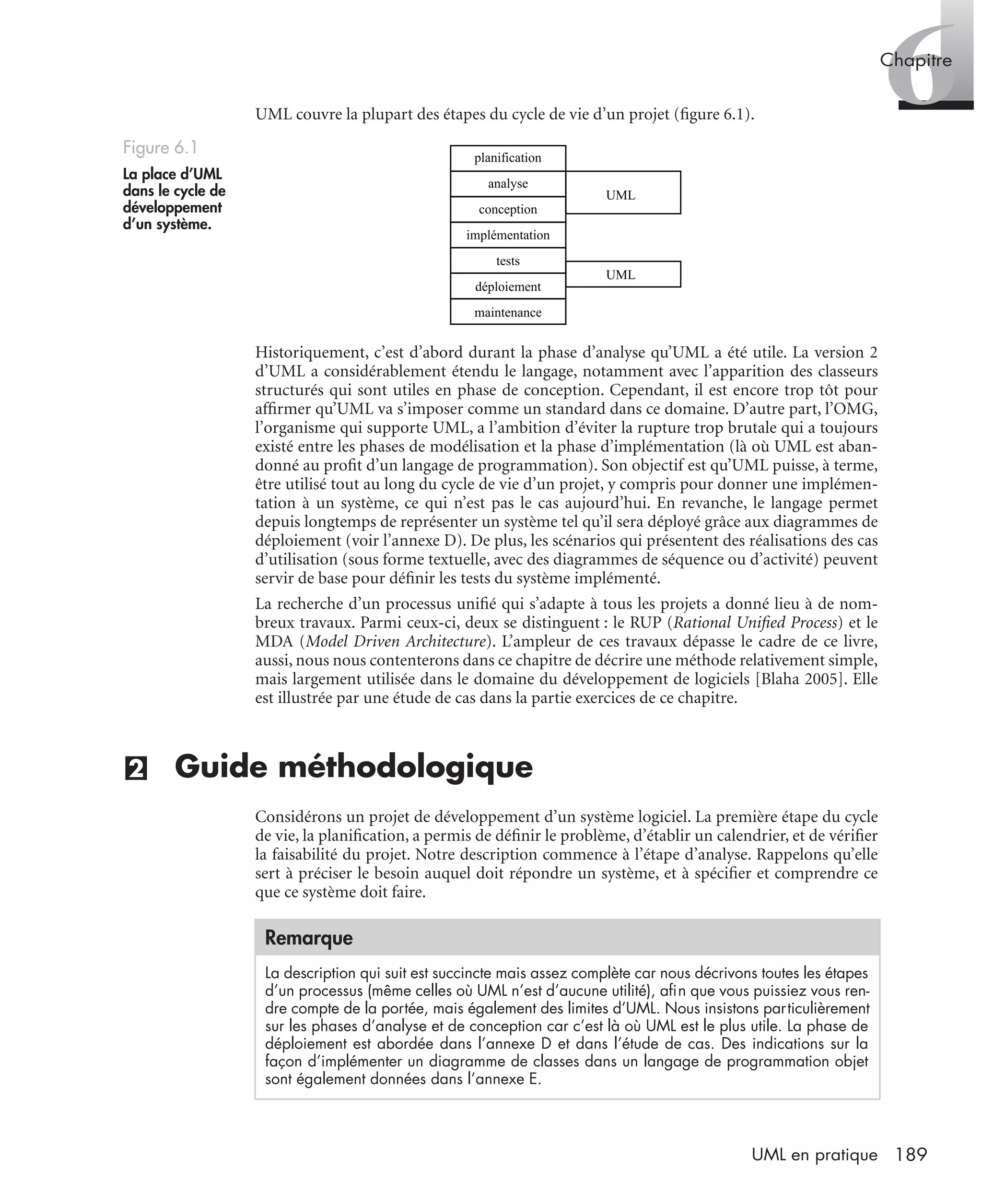 6Chapitre
189UML en pratique
UML couvre la plupart des étapes du cycle de vie d’un projet (ﬁgure 6.1).
Historiquement, c’est d’abord durant la phase d’analyse qu’UML a été utile. La version 2
d’UML a considérablement étendu le langage, notamment avec l’apparition des classeurs
structurés qui sont utiles en phase de conception. Cependant, il est encore trop tôt pour
afﬁrmer qu’UML va s’imposer comme un standard dans ce domaine. D’autre part, l’OMG,
l’organisme qui supporte UML, a l’ambition d’éviter la rupture trop brutale qui a toujours
existé entre les phases de modélisation et la phase d’implémentation (là où UML est aban-
donné au proﬁt d’un langage de programmation). Son objectif est qu’UML puisse, à terme,
être utilisé tout au long du cycle de vie d’un projet, y compris pour donner une implémen-
tation à un système, ce qui n’est pas le cas aujourd’hui. En revanche, le langage permet
depuis longtemps de représenter un système tel qu’il sera déployé grâce aux diagrammes de
déploiement (voir l’annexe D). De plus, les scénarios qui présentent des réalisations des cas
d’utilisation (sous forme textuelle, avec des diagrammes de séquence ou d’activité) peuvent
servir de base pour déﬁnir les tests du système implémenté.
La recherche d’un processus uniﬁé qui s’adapte à tous les projets a donné lieu à de nom-
breux travaux. Parmi ceux-ci, deux se distinguent : le RUP (Rational Uniﬁed Process) et le
MDA (Model Driven Architecture). L’ampleur de ces travaux dépasse le cadre de ce livre,
aussi, nous nous contenterons dans ce chapitre de décrire une méthode relativement simple,
mais largement utilisée dans le domaine du développement de logiciels [Blaha 2005]. Elle
est illustrée par une étude de cas dans la partie exercices de ce chapitre.
(2) Guide méthodologique
Considérons un projet de développement d’un système logiciel. La première étape du cycle
de vie, la planiﬁcation, a permis de déﬁnir le problème, d’établir un calendrier, et de vériﬁer
la faisabilité du projet. Notre description commence à l’étape d’analyse. Rappelons qu’elle
sert à préciser le besoin auquel doit répondre un système, et à spéciﬁer et comprendre ce
que ce système doit faire.
Figure 6.1
La place d’UML
dans le cycle de
développement
d’un système.
Remarque
La description qui suit est succincte mais assez complète car nous décrivons toutes les étapes
d’un processus (même celles où UML n’est d’aucune utilité), aﬁn que vous puissiez vous ren-
dre compte de la portée, mais également des limites d’UML. Nous insistons particulièrement
sur les phases d’analyse et de conception car c’est là où UML est le plus utile. La phase de
déploiement est abordée dans l’annexe D et dans l’étude de cas. Des indications sur la
façon d’implémenter un diagramme de classes dans un langage de programmation objet
sont également données dans l’annexe E.
planification
analyse
conception
implémentation
tests
déploiement
maintenance
UML
UML
UML2 Livre Page 189 Vendredi, 14. d cembre 2007 7:24 07
 