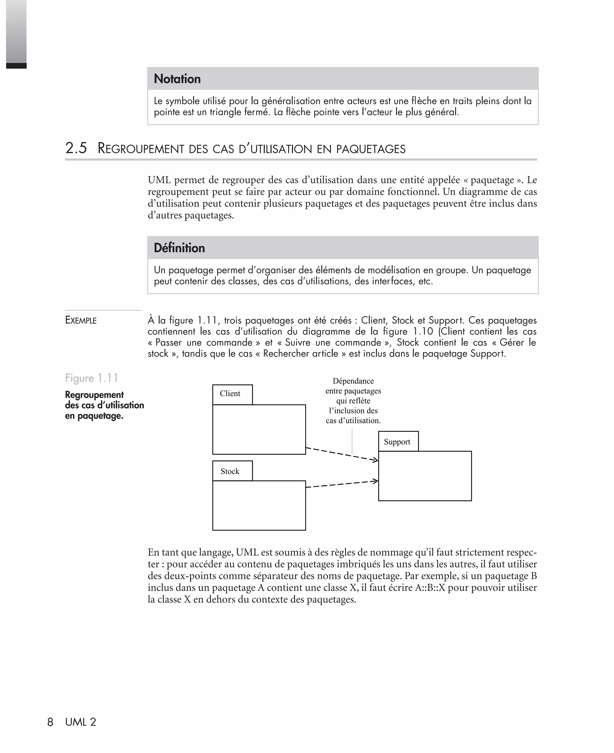 8 UML 2
2.5 REGROUPEMENT DES CAS D’UTILISATION EN PAQUETAGES
UML permet de regrouper des cas d’utilisation dans une entité appelée « paquetage ». Le
regroupement peut se faire par acteur ou par domaine fonctionnel. Un diagramme de cas
d’utilisation peut contenir plusieurs paquetages et des paquetages peuvent être inclus dans
d’autres paquetages.
EXEMPLE À la ﬁgure 1.11, trois paquetages ont été créés : Client, Stock et Support. Ces paquetages
contiennent les cas d’utilisation du diagramme de la ﬁgure 1.10 (Client contient les cas
« Passer une commande » et « Suivre une commande », Stock contient le cas « Gérer le
stock », tandis que le cas « Rechercher article » est inclus dans le paquetage Support.
En tant que langage, UML est soumis à des règles de nommage qu’il faut strictement respec-
ter : pour accéder au contenu de paquetages imbriqués les uns dans les autres, il faut utiliser
des deux-points comme séparateur des noms de paquetage. Par exemple, si un paquetage B
inclus dans un paquetage A contient une classe X, il faut écrire A::B::X pour pouvoir utiliser
la classe X en dehors du contexte des paquetages.
Notation
Le symbole utilisé pour la généralisation entre acteurs est une ﬂèche en traits pleins dont la
pointe est un triangle fermé. La ﬂèche pointe vers l’acteur le plus général.
Déﬁnition
Un paquetage permet d’organiser des éléments de modélisation en groupe. Un paquetage
peut contenir des classes, des cas d’utilisations, des interfaces, etc.
Figure 1.11
Regroupement
des cas d’utilisation
en paquetage.
Dépendance
entre paquetages
qui reflète
l’inclusion des
cas d’utilisation.
Client
Stock
Support
UML2 Livre Page 8 Vendredi, 14. d cembre 2007 7:24 07
 
