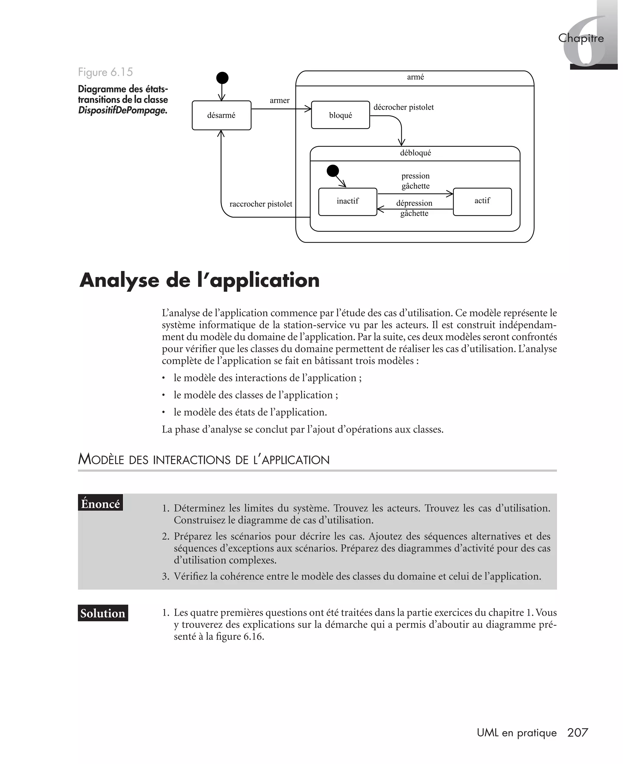 6Chapitre
207UML en pratique
Analyse de l’application
L’analyse de l’application commence par l’étude des cas d’utilisation. Ce modèle représente le
système informatique de la station-service vu par les acteurs. Il est construit indépendam-
ment du modèle du domaine de l’application. Par la suite, ces deux modèles seront confrontés
pour vériﬁer que les classes du domaine permettent de réaliser les cas d’utilisation. L’analyse
complète de l’application se fait en bâtissant trois modèles :
• le modèle des interactions de l’application ;
• le modèle des classes de l’application ;
• le modèle des états de l’application.
La phase d’analyse se conclut par l’ajout d’opérations aux classes.
MODÈLE DES INTERACTIONS DE L’APPLICATION
1. Les quatre premières questions ont été traitées dans la partie exercices du chapitre 1.Vous
y trouverez des explications sur la démarche qui a permis d’aboutir au diagramme pré-
senté à la ﬁgure 6.16.
Figure 6.15
Diagramme des états-
transitions de la classe
DispositifDePompage.
1. Déterminez les limites du système. Trouvez les acteurs. Trouvez les cas d’utilisation.
Construisez le diagramme de cas d’utilisation.
2. Préparez les scénarios pour décrire les cas. Ajoutez des séquences alternatives et des
séquences d’exceptions aux scénarios. Préparez des diagrammes d’activité pour des cas
d’utilisation complexes.
3. Vériﬁez la cohérence entre le modèle des classes du domaine et celui de l’application.
désarmé
raccrocher pistolet
décrocher pistolet
armer
armé
bloqué
débloqué
pression
gâchette
dépression
gâchette
inactif actif
UML2 Livre Page 207 Vendredi, 14. d cembre 2007 7:24 07
 