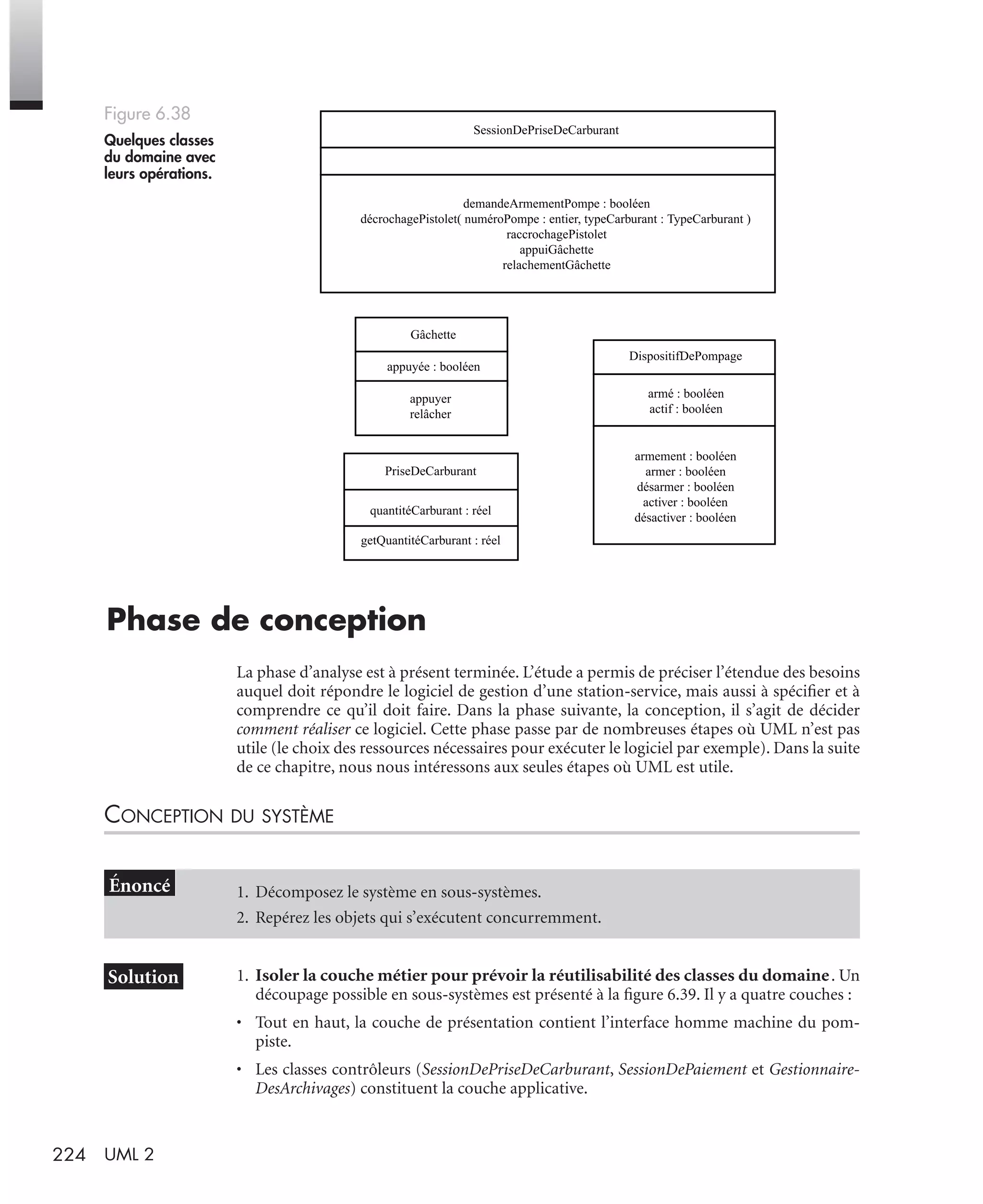 224 UML 2
Phase de conception
La phase d’analyse est à présent terminée. L’étude a permis de préciser l’étendue des besoins
auquel doit répondre le logiciel de gestion d’une station-service, mais aussi à spéciﬁer et à
comprendre ce qu’il doit faire. Dans la phase suivante, la conception, il s’agit de décider
comment réaliser ce logiciel. Cette phase passe par de nombreuses étapes où UML n’est pas
utile (le choix des ressources nécessaires pour exécuter le logiciel par exemple). Dans la suite
de ce chapitre, nous nous intéressons aux seules étapes où UML est utile.
CONCEPTION DU SYSTÈME
1. Isoler la couche métier pour prévoir la réutilisabilité des classes du domaine. Un
découpage possible en sous-systèmes est présenté à la ﬁgure 6.39. Il y a quatre couches :
• Tout en haut, la couche de présentation contient l’interface homme machine du pom-
piste.
• Les classes contrôleurs (SessionDePriseDeCarburant, SessionDePaiement et Gestionnaire-
DesArchivages) constituent la couche applicative.
Figure 6.38
Quelques classes
du domaine avec
leurs opérations.
1. Décomposez le système en sous-systèmes.
2. Repérez les objets qui s’exécutent concurremment.
armé : booléen
actif : booléen
DispositifDePompage
armement : booléen
armer : booléen
désarmer : booléen
activer : booléen
désactiver : booléen
SessionDePriseDeCarburant
demandeArmementPompe : booléen
décrochagePistolet( numéroPompe : entier, typeCarburant : TypeCarburant )
raccrochagePistolet
appuiGâchette
relachementGâchette
Gâchette
appuyée : booléen
appuyer
relâcher
PriseDeCarburant
quantitéCarburant : réel
getQuantitéCarburant : réel
UML2 Livre Page 224 Vendredi, 14. d cembre 2007 7:24 07
 