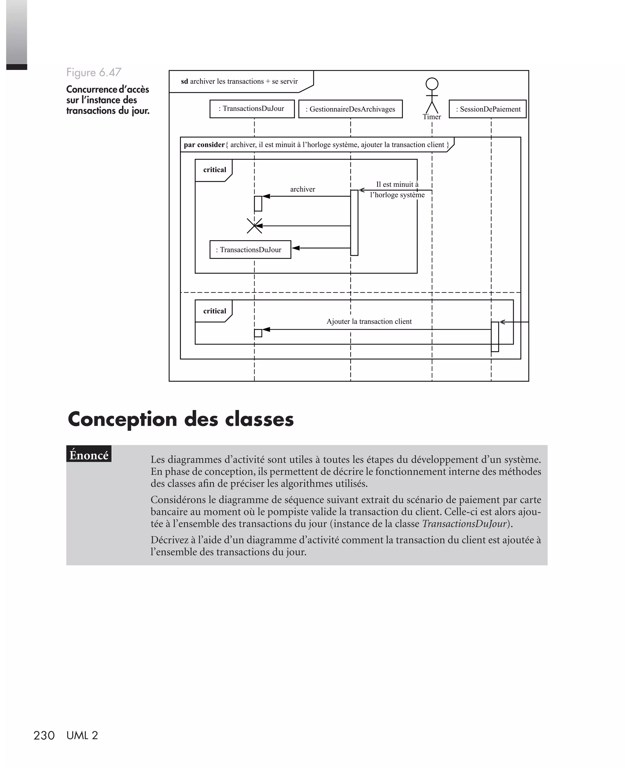 230 UML 2
Conception des classes
Figure 6.47
Concurrenced’accès
sur l’instance des
transactions du jour.
Les diagrammes d’activité sont utiles à toutes les étapes du développement d’un système.
En phase de conception, ils permettent de décrire le fonctionnement interne des méthodes
des classes aﬁn de préciser les algorithmes utilisés.
Considérons le diagramme de séquence suivant extrait du scénario de paiement par carte
bancaire au moment où le pompiste valide la transaction du client. Celle-ci est alors ajou-
tée à l’ensemble des transactions du jour (instance de la classe TransactionsDuJour).
Décrivez à l’aide d’un diagramme d’activité comment la transaction du client est ajoutée à
l’ensemble des transactions du jour.
archiver
Timer
sd archiver les transactions + se servir
: TransactionsDuJour
: TransactionsDuJour
critical
critical
Ajouter la transaction client
: SessionDePaiement
Il est minuit à
l’horloge système
par consider{ archiver, il est minuit à l’horloge système, ajouter la transaction client }
: GestionnaireDesArchivages
UML2 Livre Page 230 Vendredi, 14. d cembre 2007 7:24 07
 