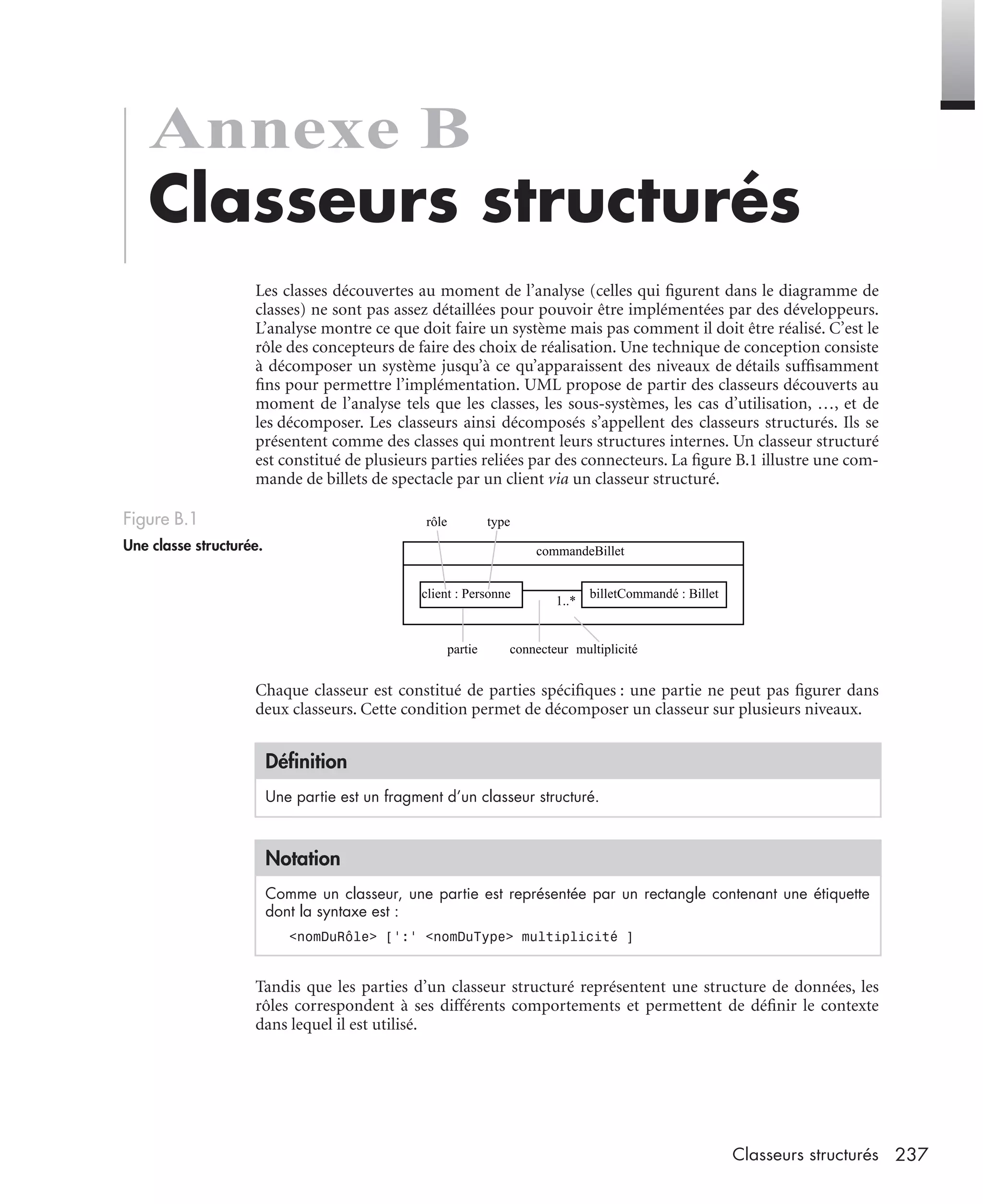 237Classeurs structurés
Annexe B
Classeurs structurés
Les classes découvertes au moment de l’analyse (celles qui ﬁgurent dans le diagramme de
classes) ne sont pas assez détaillées pour pouvoir être implémentées par des développeurs.
L’analyse montre ce que doit faire un système mais pas comment il doit être réalisé. C’est le
rôle des concepteurs de faire des choix de réalisation. Une technique de conception consiste
à décomposer un système jusqu’à ce qu’apparaissent des niveaux de détails sufﬁsamment
ﬁns pour permettre l’implémentation. UML propose de partir des classeurs découverts au
moment de l’analyse tels que les classes, les sous-systèmes, les cas d’utilisation, …, et de
les décomposer. Les classeurs ainsi décomposés s’appellent des classeurs structurés. Ils se
présentent comme des classes qui montrent leurs structures internes. Un classeur structuré
est constitué de plusieurs parties reliées par des connecteurs. La ﬁgure B.1 illustre une com-
mande de billets de spectacle par un client via un classeur structuré.
Chaque classeur est constitué de parties spéciﬁques : une partie ne peut pas ﬁgurer dans
deux classeurs. Cette condition permet de décomposer un classeur sur plusieurs niveaux.
Tandis que les parties d’un classeur structuré représentent une structure de données, les
rôles correspondent à ses différents comportements et permettent de déﬁnir le contexte
dans lequel il est utilisé.
Figure B.1
Une classe structurée.
Déﬁnition
Une partie est un fragment d’un classeur structuré.
Notation
Comme un classeur, une partie est représentée par un rectangle contenant une étiquette
dont la syntaxe est :
<nomDuRôle> [’:’ <nomDuType> multiplicité ]
commandeBillet
billetCommandé : Billetclient : Personne
1..*
rôle type
partie connecteur multiplicité
UML2 Livre Page 237 Vendredi, 14. d cembre 2007 7:24 07
 