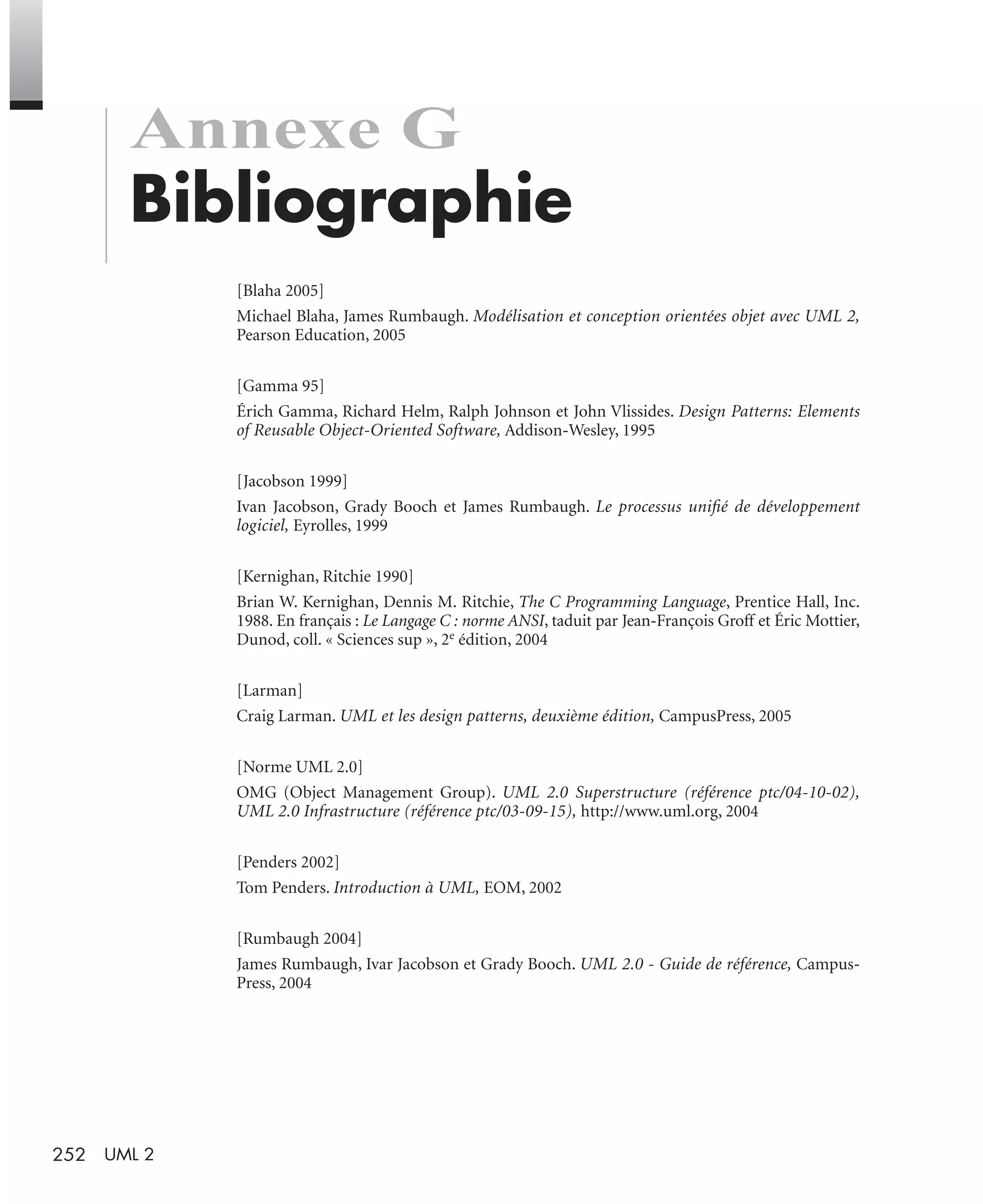 252 UML 2
Annexe G
Bibliographie
[Blaha 2005]
Michael Blaha, James Rumbaugh. Modélisation et conception orientées objet avec UML 2,
Pearson Education, 2005
[Gamma 95]
Érich Gamma, Richard Helm, Ralph Johnson et John Vlissides. Design Patterns: Elements
of Reusable Object-Oriented Software, Addison-Wesley, 1995
[Jacobson 1999]
Ivan Jacobson, Grady Booch et James Rumbaugh. Le processus uniﬁé de développement
logiciel, Eyrolles, 1999
[Kernighan, Ritchie 1990]
Brian W. Kernighan, Dennis M. Ritchie, The C Programming Language, Prentice Hall, Inc.
1988. En français : Le Langage C : norme ANSI, taduit par Jean-François Groff et Éric Mottier,
Dunod, coll. « Sciences sup », 2e édition, 2004
[Larman]
Craig Larman. UML et les design patterns, deuxième édition, CampusPress, 2005
[Norme UML 2.0]
OMG (Object Management Group). UML 2.0 Superstructure (référence ptc/04-10-02),
UML 2.0 Infrastructure (référence ptc/03-09-15), http://www.uml.org, 2004
[Penders 2002]
Tom Penders. Introduction à UML, EOM, 2002
[Rumbaugh 2004]
James Rumbaugh, Ivar Jacobson et Grady Booch. UML 2.0 - Guide de référence, Campus-
Press, 2004
UML2 Livre Page 252 Vendredi, 14. d cembre 2007 7:24 07
 