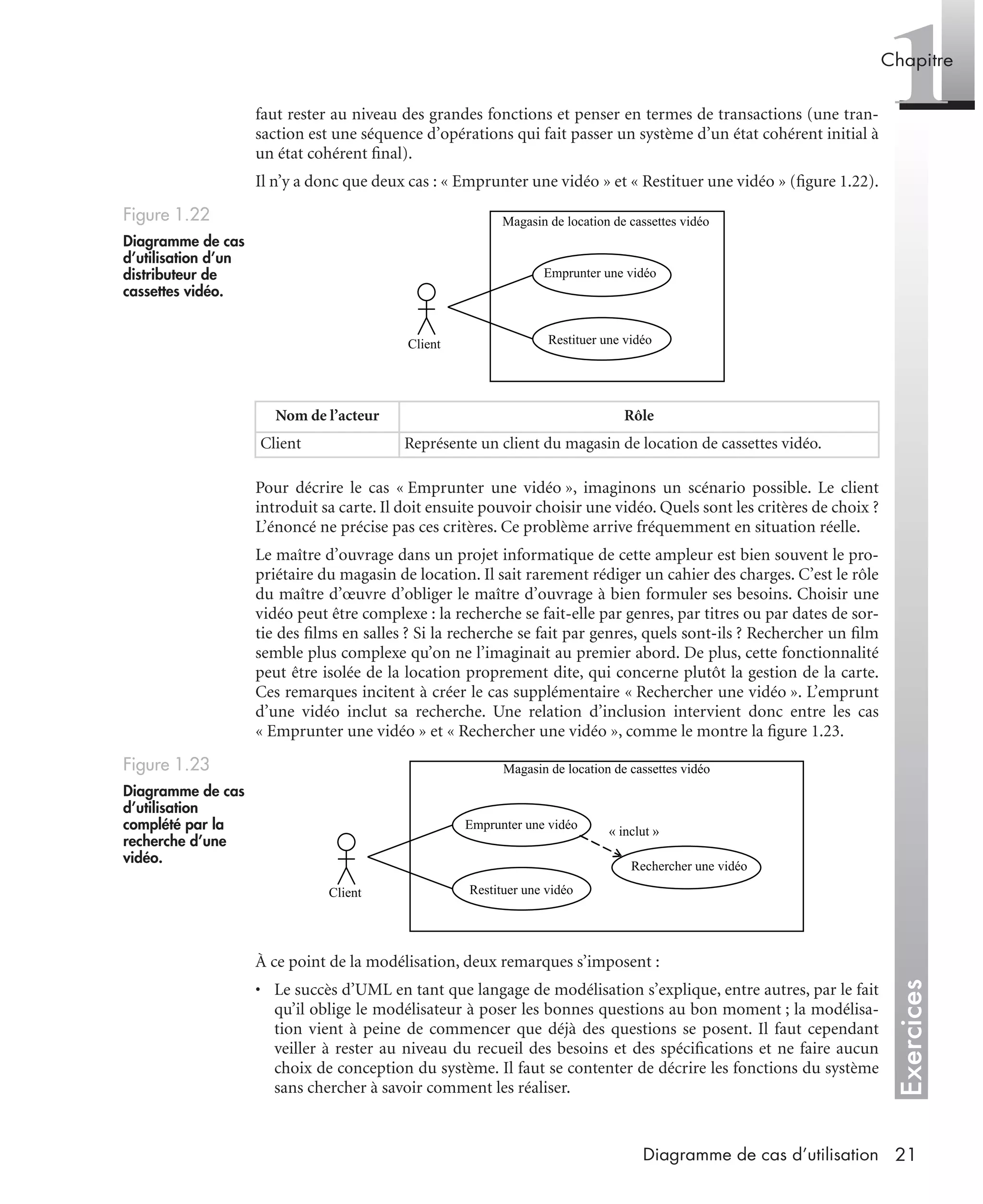 Exercices
1Chapitre
21Diagramme de cas d’utilisation
faut rester au niveau des grandes fonctions et penser en termes de transactions (une tran-
saction est une séquence d’opérations qui fait passer un système d’un état cohérent initial à
un état cohérent ﬁnal).
Il n’y a donc que deux cas : « Emprunter une vidéo » et « Restituer une vidéo » (ﬁgure 1.22).
Pour décrire le cas « Emprunter une vidéo », imaginons un scénario possible. Le client
introduit sa carte. Il doit ensuite pouvoir choisir une vidéo. Quels sont les critères de choix ?
L’énoncé ne précise pas ces critères. Ce problème arrive fréquemment en situation réelle.
Le maître d’ouvrage dans un projet informatique de cette ampleur est bien souvent le pro-
priétaire du magasin de location. Il sait rarement rédiger un cahier des charges. C’est le rôle
du maître d’œuvre d’obliger le maître d’ouvrage à bien formuler ses besoins. Choisir une
vidéo peut être complexe : la recherche se fait-elle par genres, par titres ou par dates de sor-
tie des ﬁlms en salles ? Si la recherche se fait par genres, quels sont-ils ? Rechercher un ﬁlm
semble plus complexe qu’on ne l’imaginait au premier abord. De plus, cette fonctionnalité
peut être isolée de la location proprement dite, qui concerne plutôt la gestion de la carte.
Ces remarques incitent à créer le cas supplémentaire « Rechercher une vidéo ». L’emprunt
d’une vidéo inclut sa recherche. Une relation d’inclusion intervient donc entre les cas
« Emprunter une vidéo » et « Rechercher une vidéo », comme le montre la ﬁgure 1.23.
À ce point de la modélisation, deux remarques s’imposent :
• Le succès d’UML en tant que langage de modélisation s’explique, entre autres, par le fait
qu’il oblige le modélisateur à poser les bonnes questions au bon moment ; la modélisa-
tion vient à peine de commencer que déjà des questions se posent. Il faut cependant
veiller à rester au niveau du recueil des besoins et des spéciﬁcations et ne faire aucun
choix de conception du système. Il faut se contenter de décrire les fonctions du système
sans chercher à savoir comment les réaliser.
Figure 1.22
Diagramme de cas
d’utilisation d’un
distributeur de
cassettes vidéo.
Nom de l’acteur Rôle
Client Représente un client du magasin de location de cassettes vidéo.
Figure 1.23
Diagramme de cas
d’utilisation
complété par la
recherche d’une
vidéo.
Magasin de location de cassettes vidéo
Client
Emprunter une vidéo
Restituer une vidéo
Rechercher une vidéo
« inclut »
Magasin de location de cassettes vidéo
Client
Emprunter une vidéo
Restituer une vidéo
UML2 Livre Page 21 Vendredi, 14. d cembre 2007 7:24 07
 